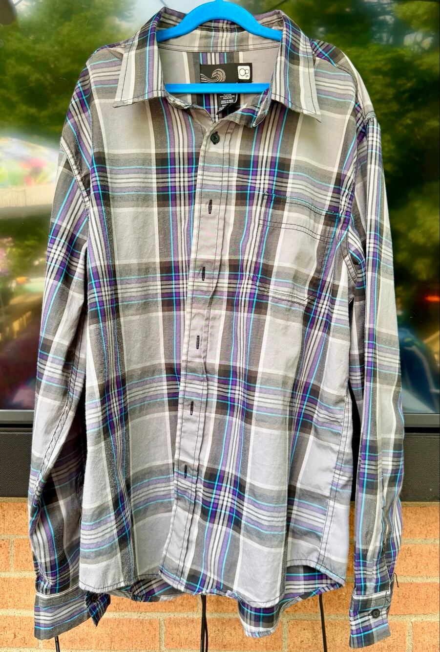 Men’s Op Ocean Pacific Gray & Purple Plaid Long Sleeve Button Down shirt- Size L